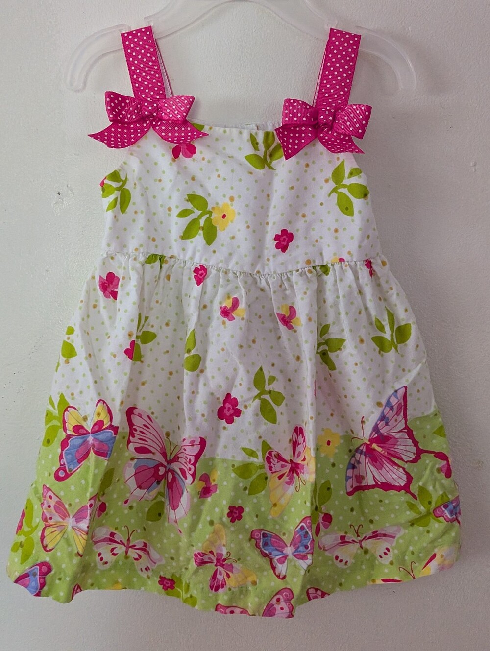 Bonnie Baby Butterfly Cotton Dress Pink & White Polka Dot Ribbon Straps - Picture 2 of 7
